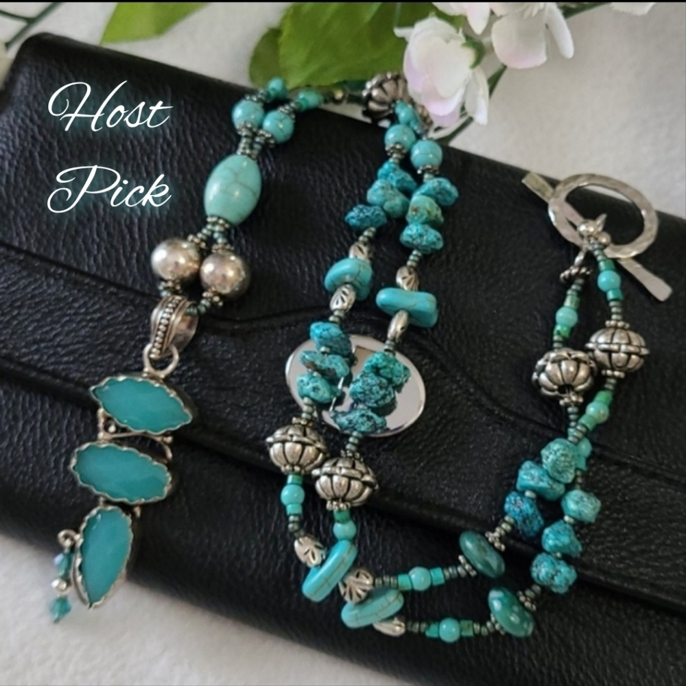 Handcrafted Necklace Unique Design Turquoise Stone Beads Silvertone Toggle Clasp - Picture 13 of 13